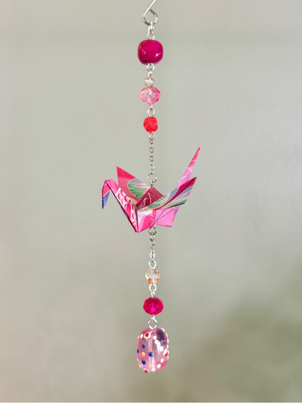 Origami Ornament #2465 - Small Crane with Glass and Stone Beads